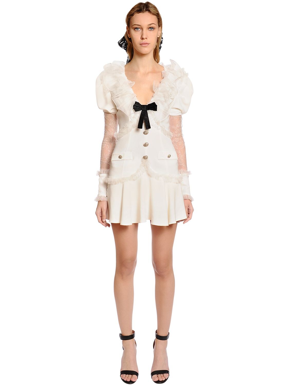 Alessandra Rich Cady Mini Dress W/ Lace Sleeves In White | ModeSens