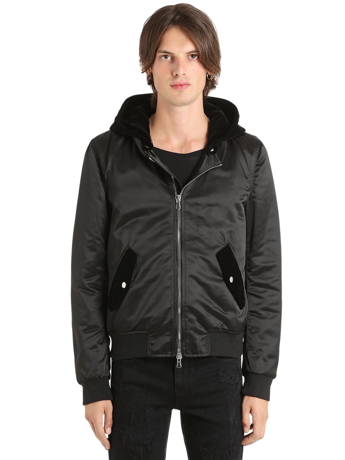 NYLON BOMBER W/ DETACHABLE VELVET HOOD