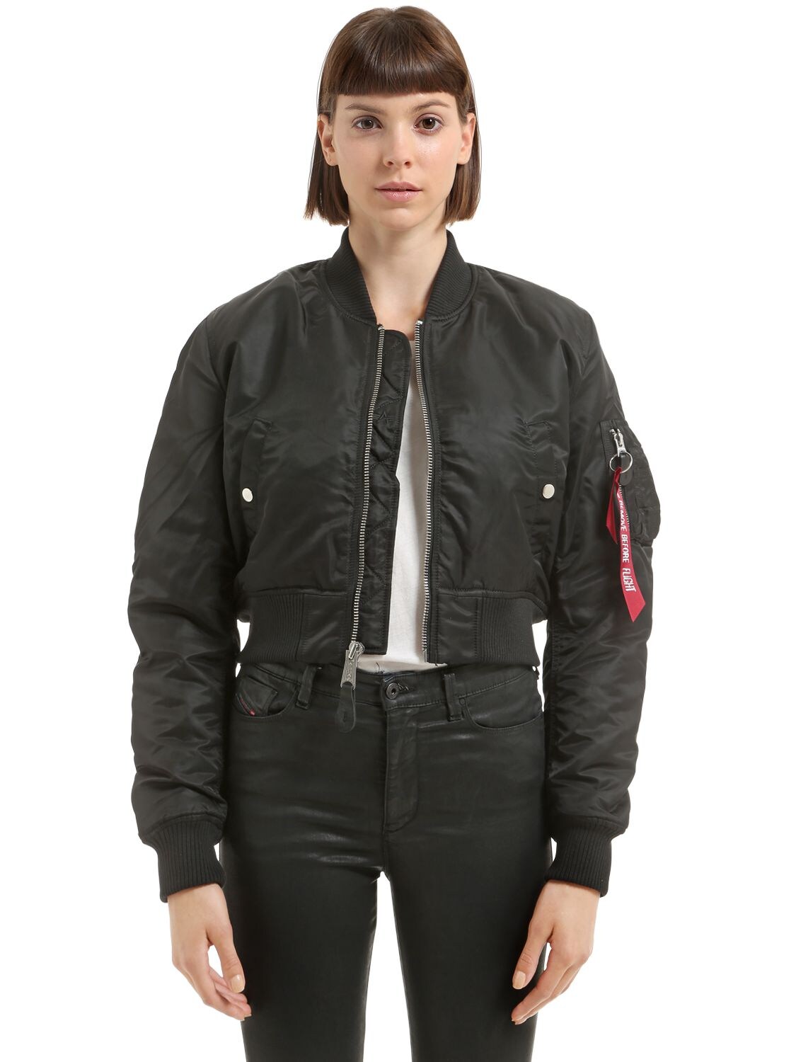 Alpha Industries Cropped Nylon Bomber Jacket In Black