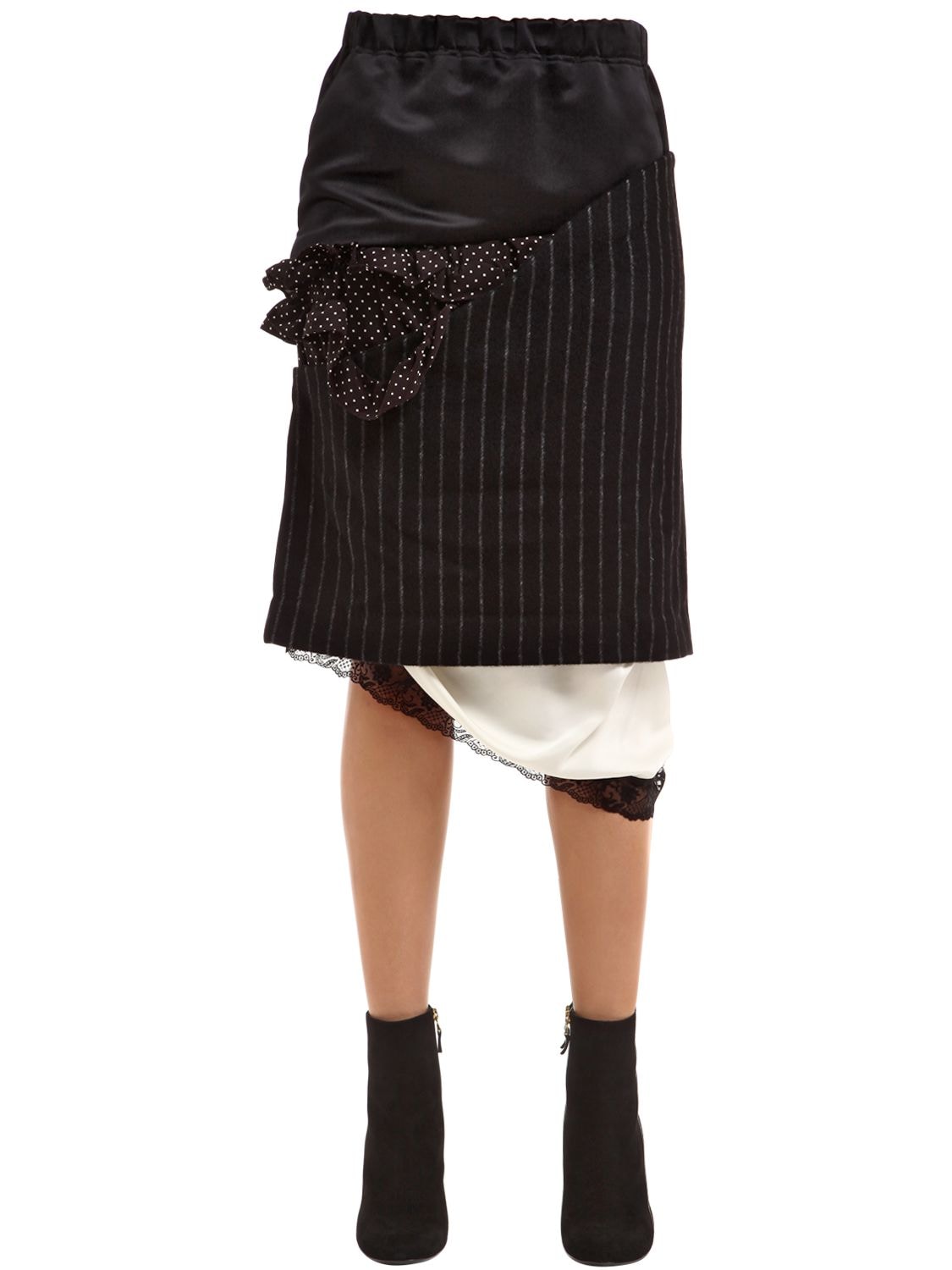 FACETASM Patchwork Satin & Pinstripe Wool Skirt