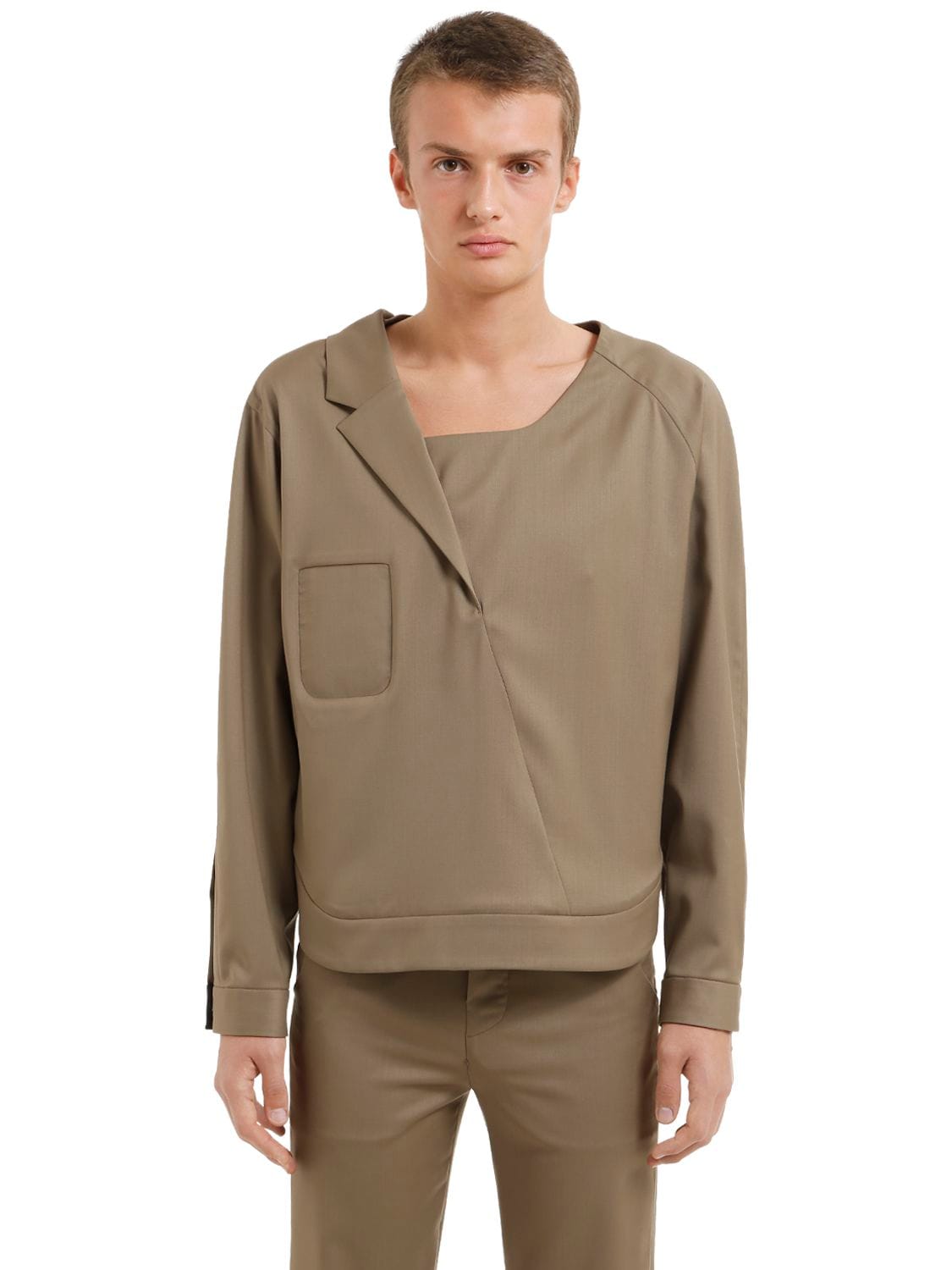 Vejas Wool Shirt With Half Lapel In Olive Green