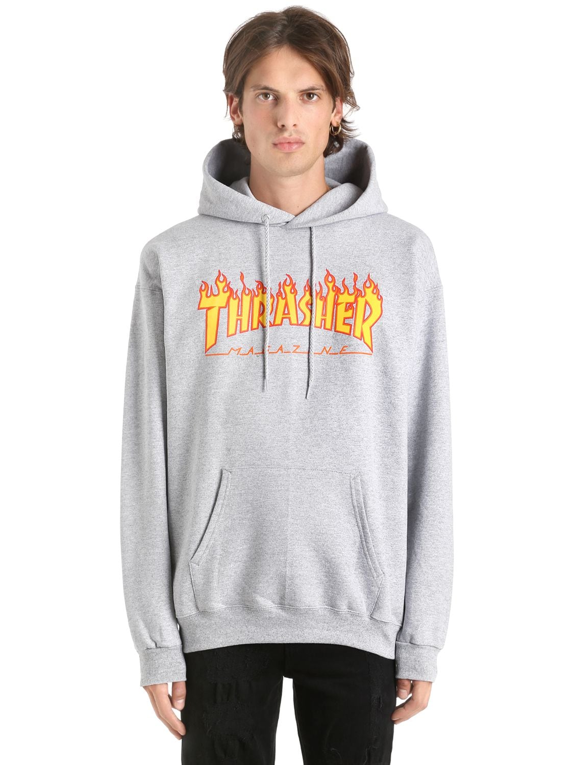 Thrasher Flame Logo Hooded Cotton Sweatshirt In Grey