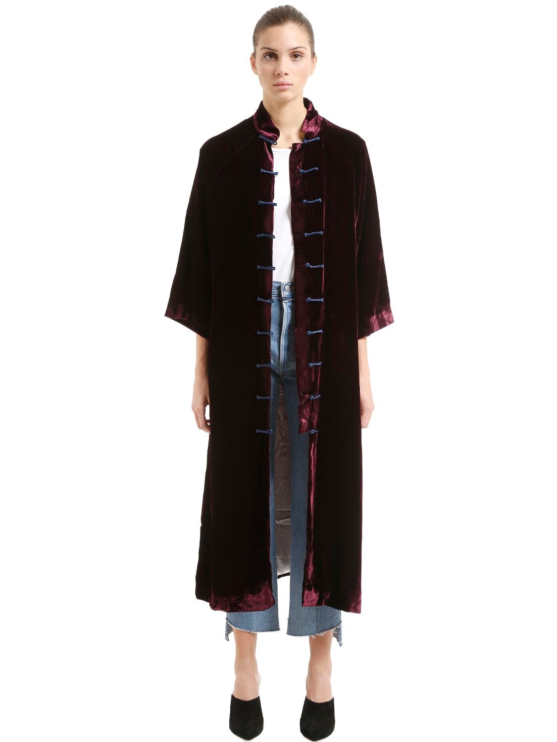 Yali Silk Velvet Long Jacket In Bordeaux