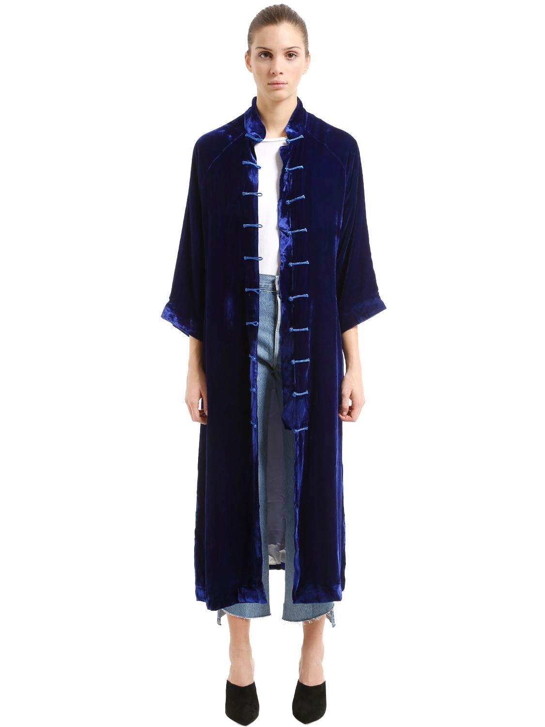 Yali Silk Velvet Long Jacket In Blue