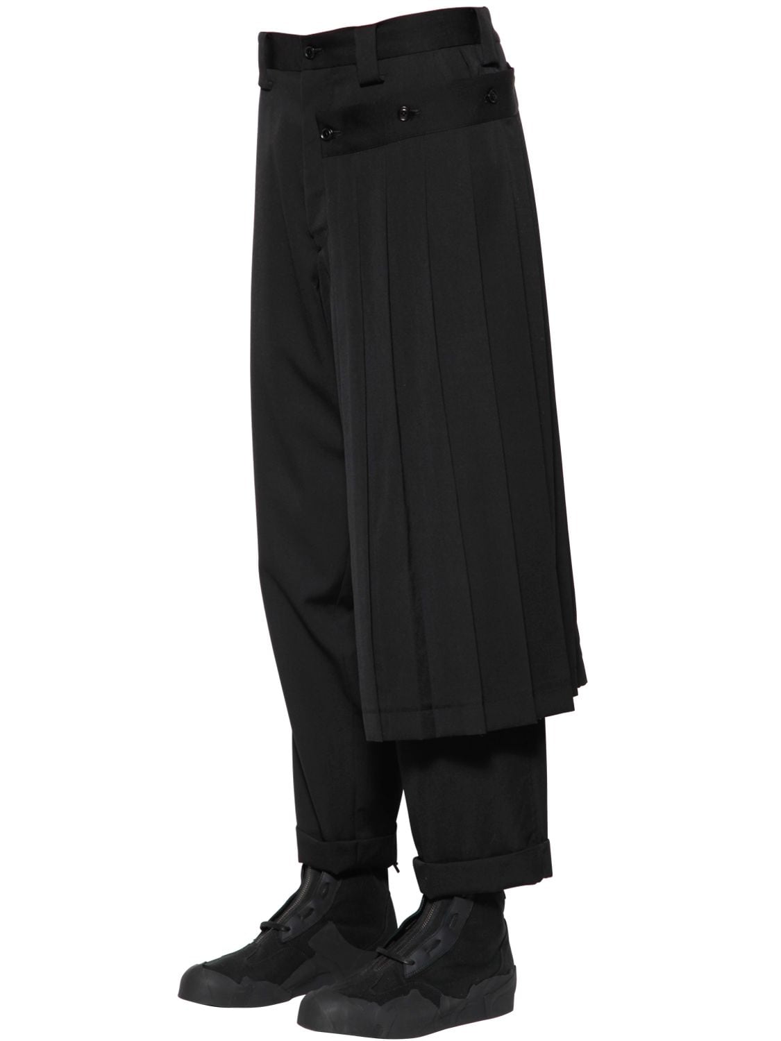 Yohji Yamamoto Gabardine Wool Trousers W/ Detachable Skirt In Black