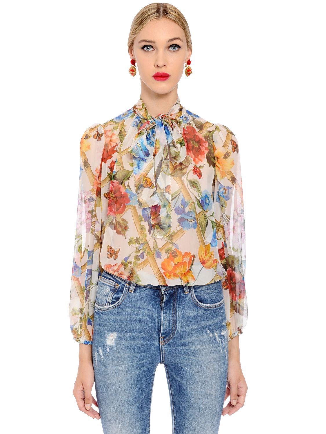 Shop Dolce & Gabbana Bamboo Floral Printed Silk Chiffon Shirt In Multicolor