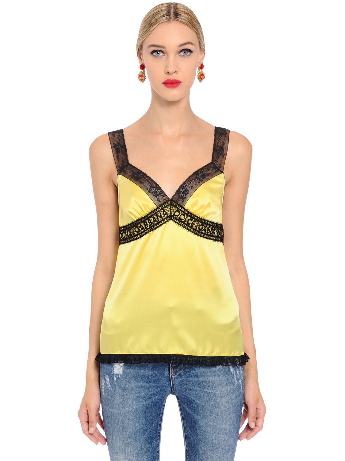 Dolce & Gabbana Silk Satin Lingerie Top With Logo Lace In Yellow