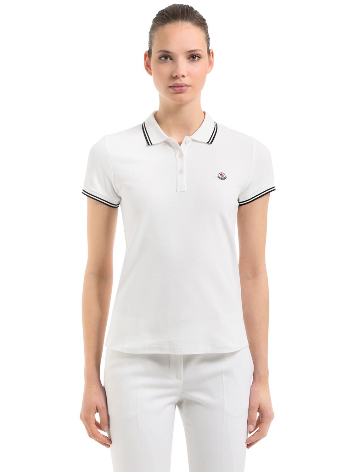 Moncler Logo Cotton Piqué Polo Shirt In White