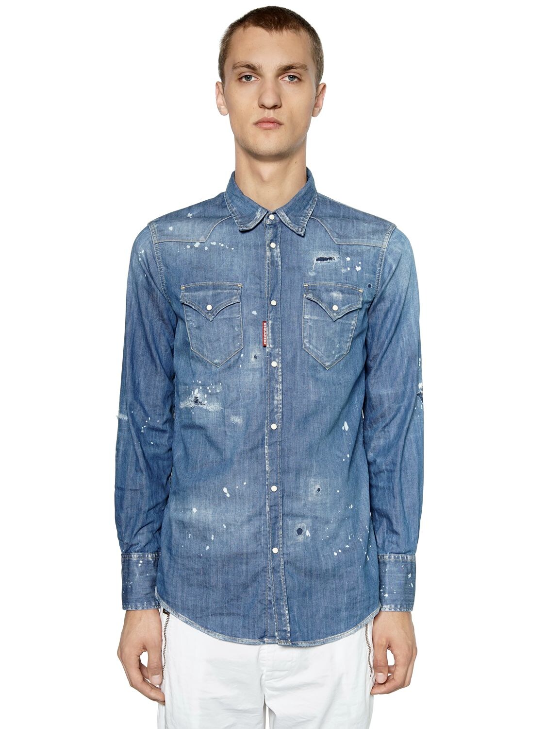 DSQUARED2 DISTRESSED STRETCH DENIM WESTERN SHIRT,67I04Y076-NDcw0