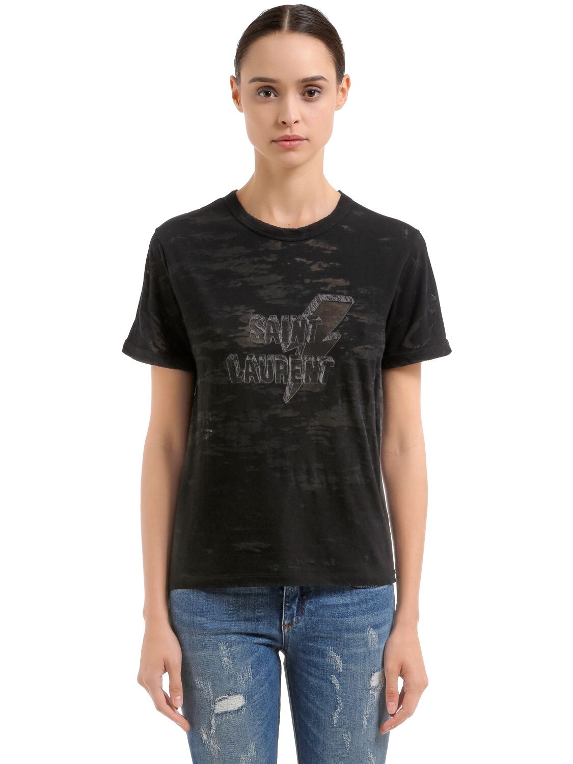 SAINT LAURENT LOGO PRINT COTTON BLEND JERSEY T-SHIRT,67I06C045-MTAwMw2