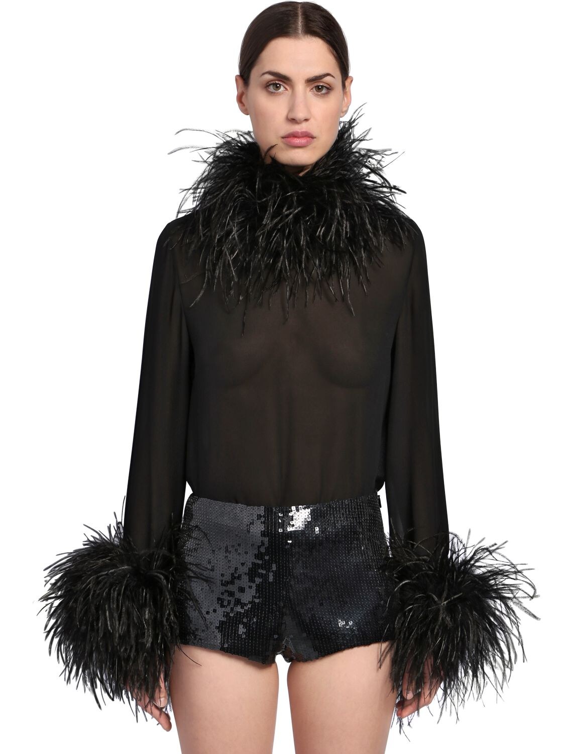 Saint Laurent Silk Georgette Top W/ Feathers In Black