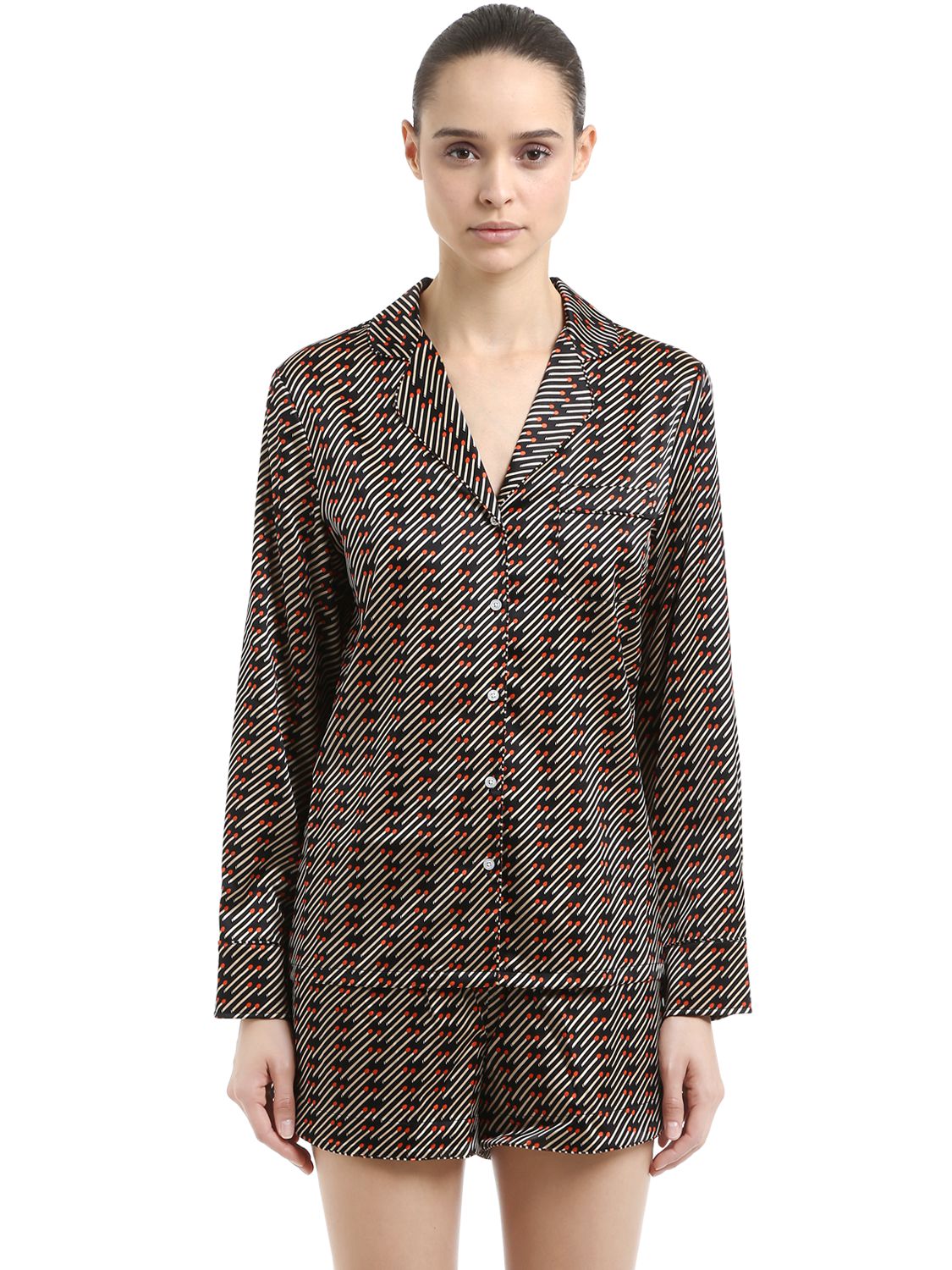 Stella Mccartney Matches Print Silk Pajama Shirt & Pants In Black