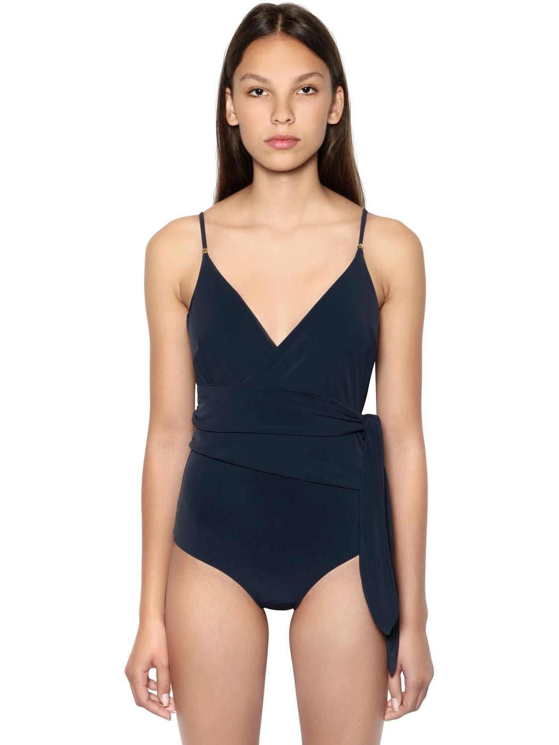 Stella Mccartney Wrap One Piece Swimsuit With Charms In Blue