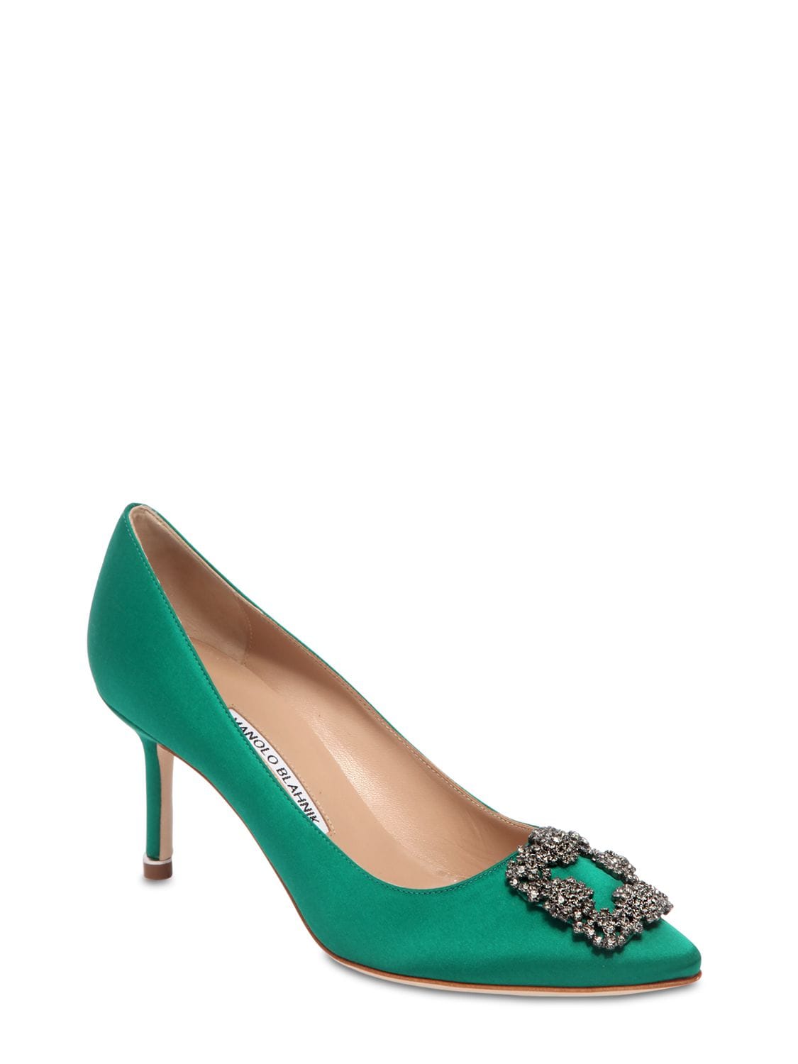 Shop Manolo Blahnik 70mm Hangisi Satin Pumps In Emerald