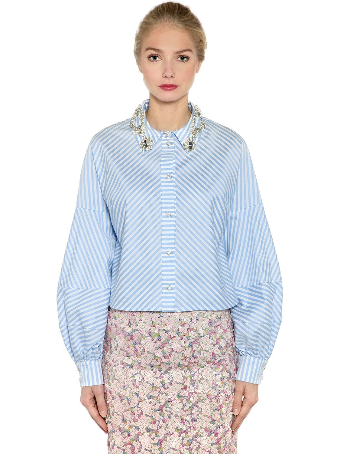 Antonio Marras Embellished Striped Cropped Cotton Shirt In White/blue