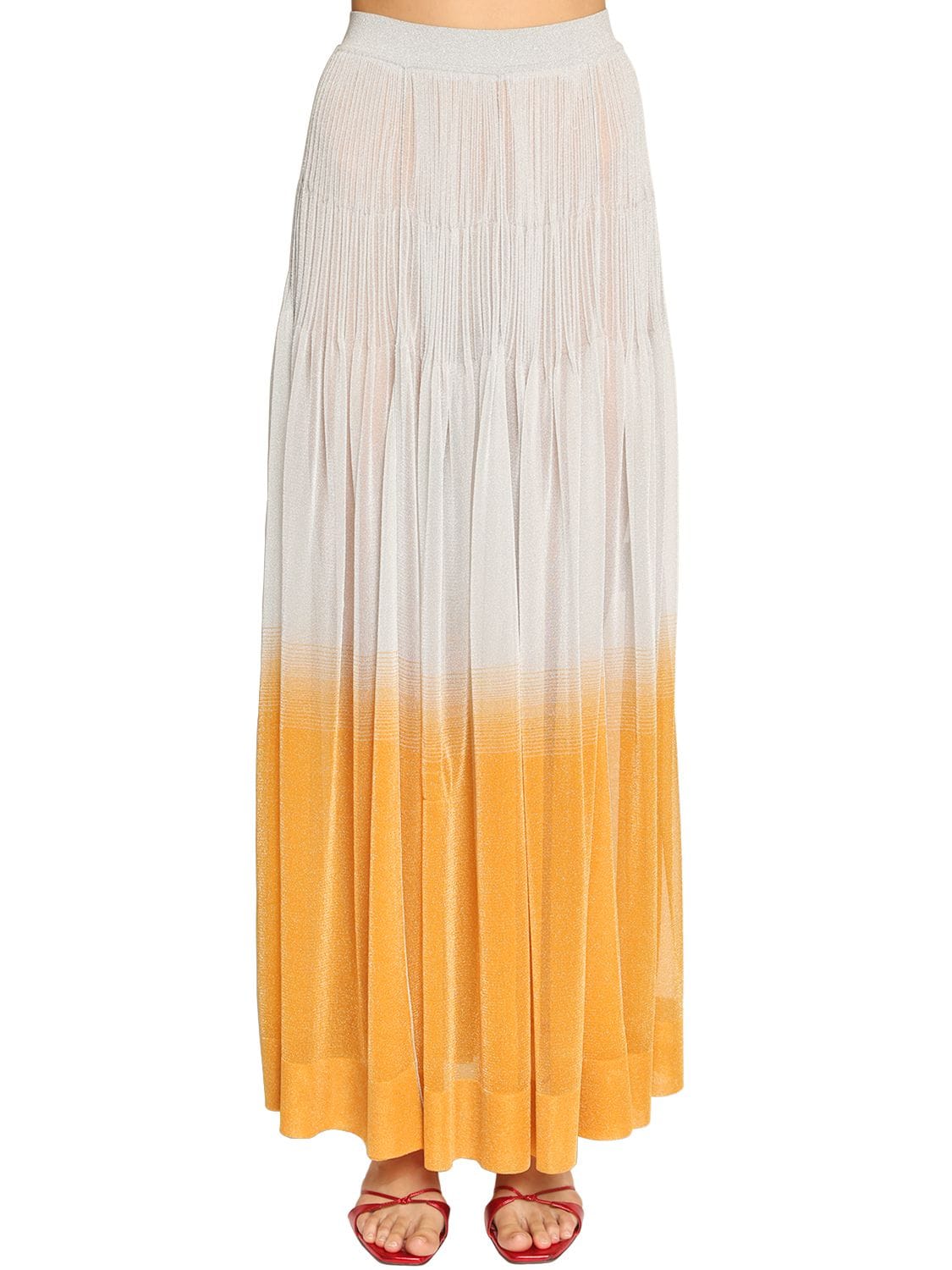 Missoni Ruffled Lamé Knit Maxi Skirt In Light Blue,orange