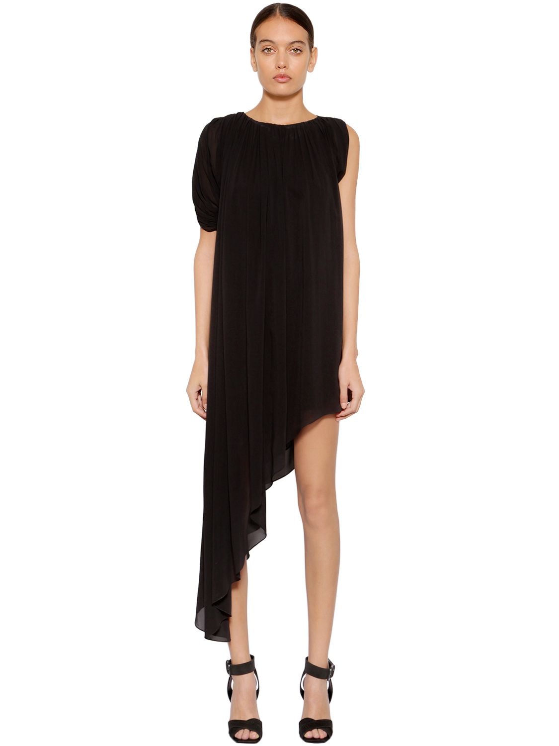 Lanvin Asymmetrical Silk Georgette Dress In Black
