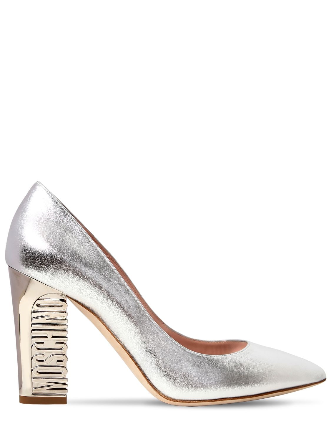 Moschino 100mm Logo Heel Metallic Leather Pumps In Silver