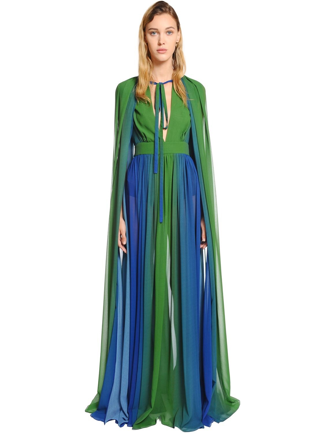 Elie Saab Gradient Crepe Georgette Long Dress In Blue/green