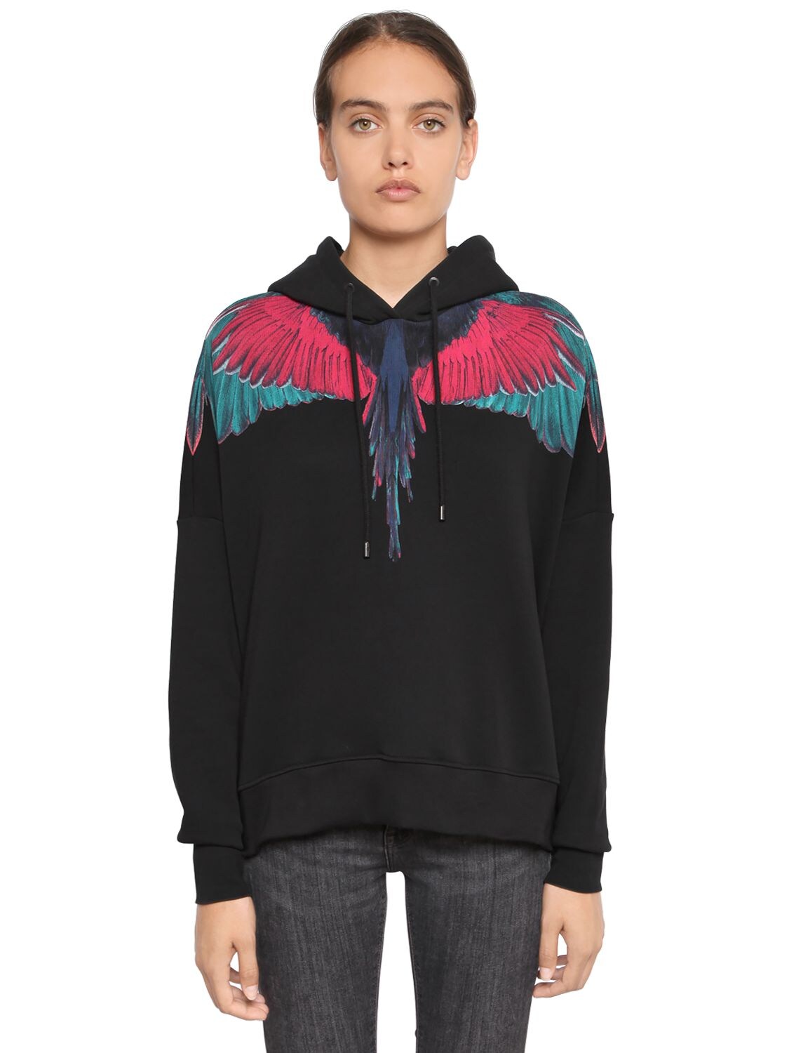 Marcelo Burlon County Of Milan Wings Print Hooded Cotton Sweatshirt In Black