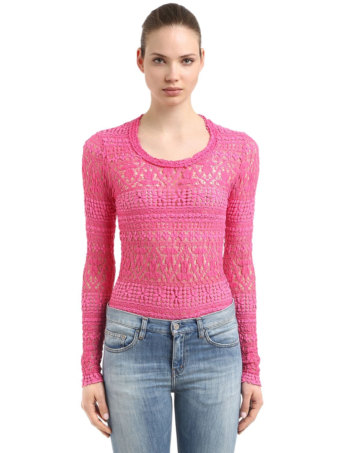 Isabel Marant Stretch Cotton Blend Lace Knit Sweater In Pink