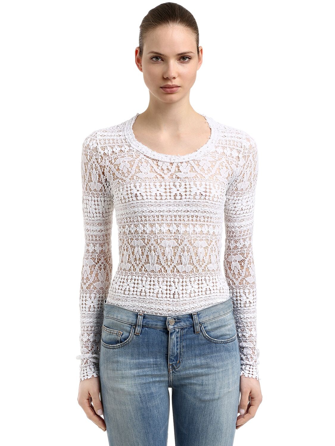 Isabel Marant Stretch Cotton Blend Lace Knit Sweater In White