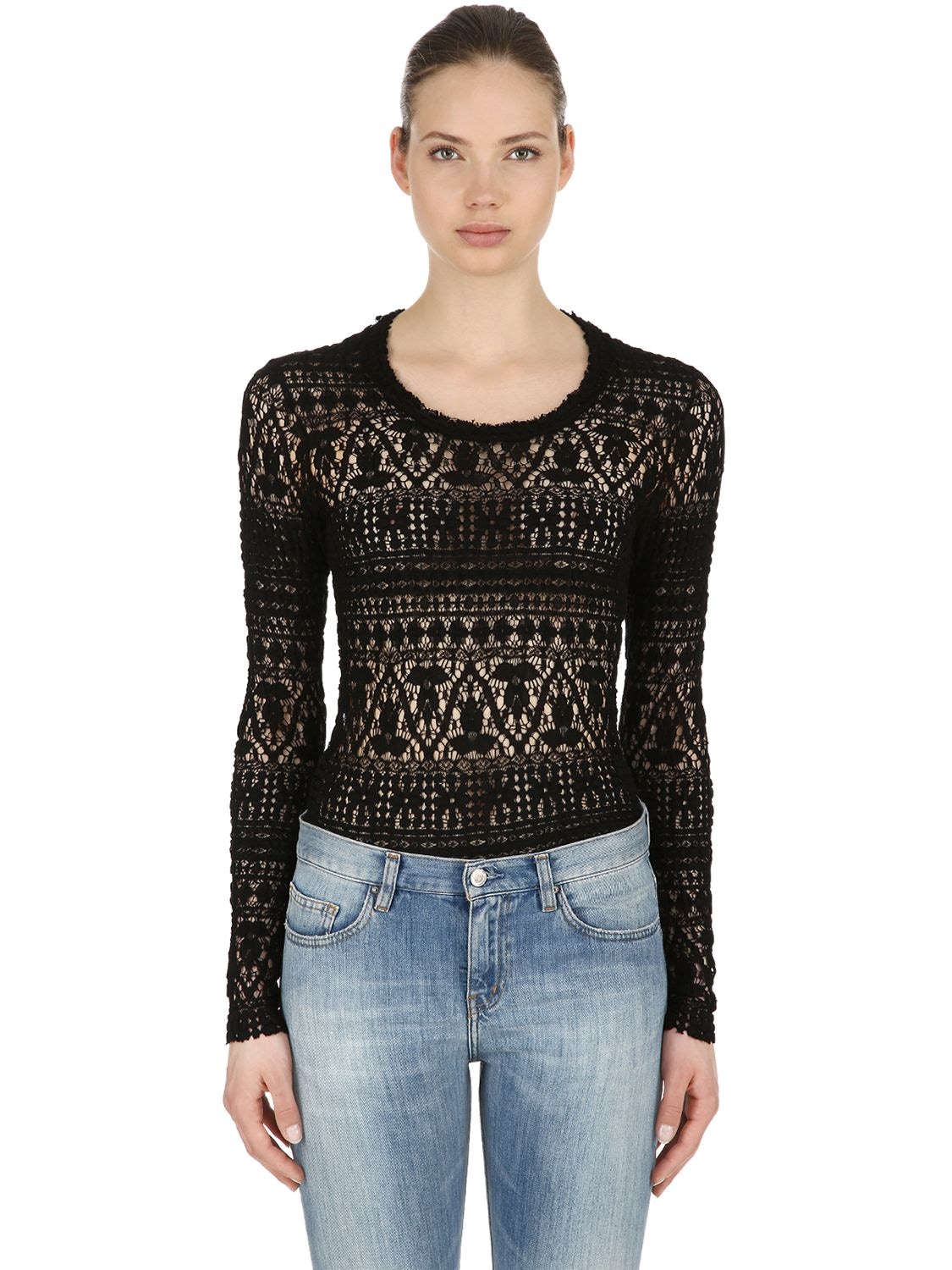 Isabel Marant Stretch Cotton Blend Lace Knit Sweater In Black