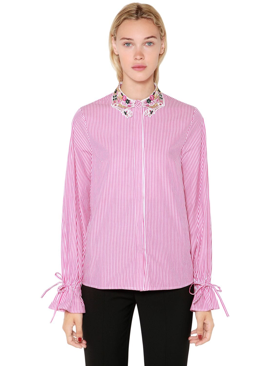 Vivetta Lurex Lace Collar Striped Poplin Shirt In Pink