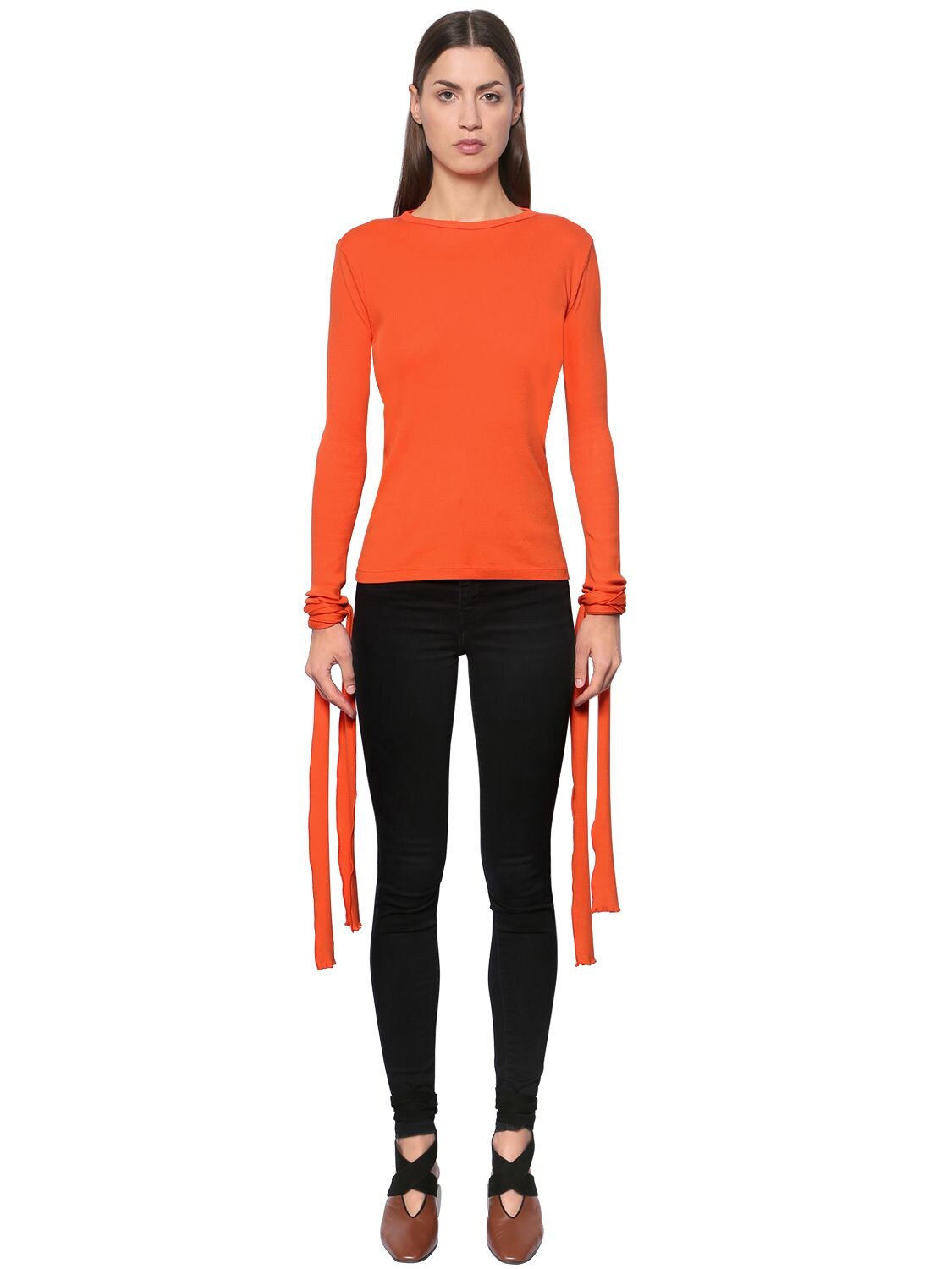 Jw Anderson Ribbed Cotton Jersey Top W/ Tie Cuffs In Orange | ModeSens