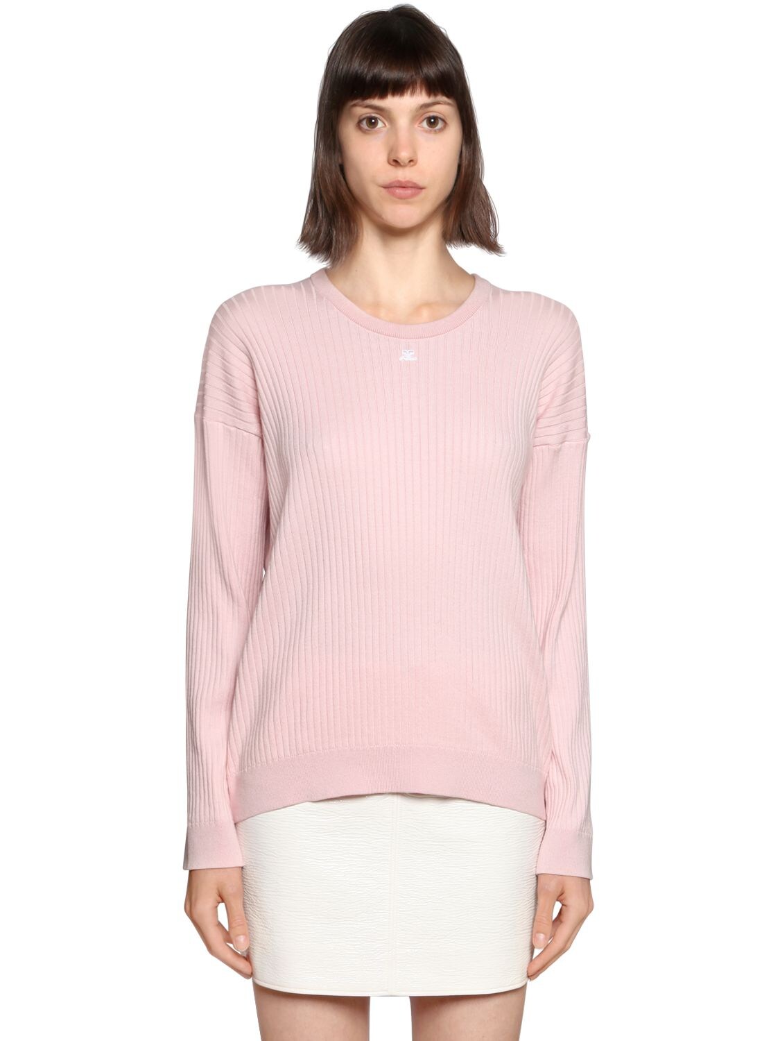 Courrèges Logo Patch Ribbed Cotton Sweater In Pink
