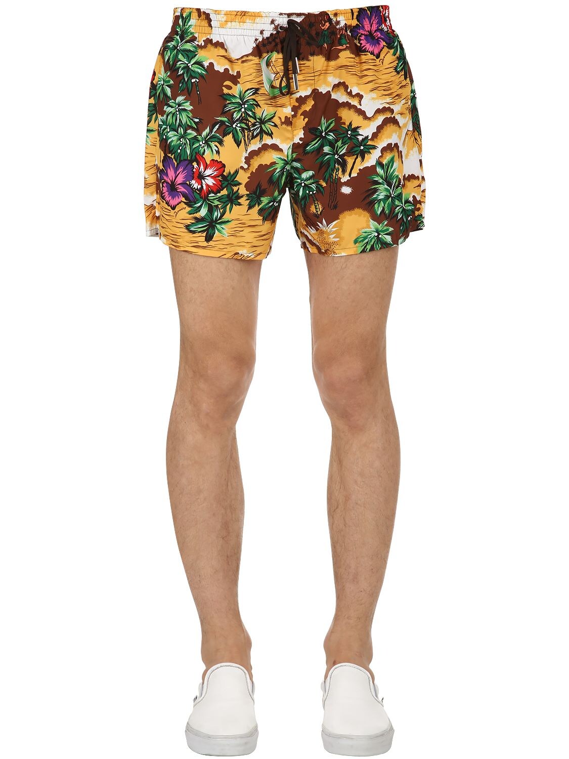 Dsquared2 Underwear 32cm Hawaiian Printed Nylon Swim Shorts In Ochre/brown