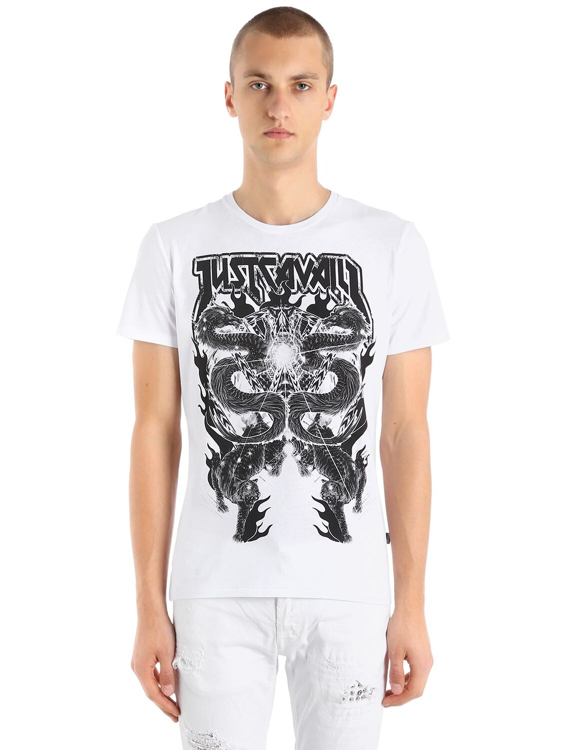 Just Cavalli Gothic Dragons Cotton Jersey T-shirt In White