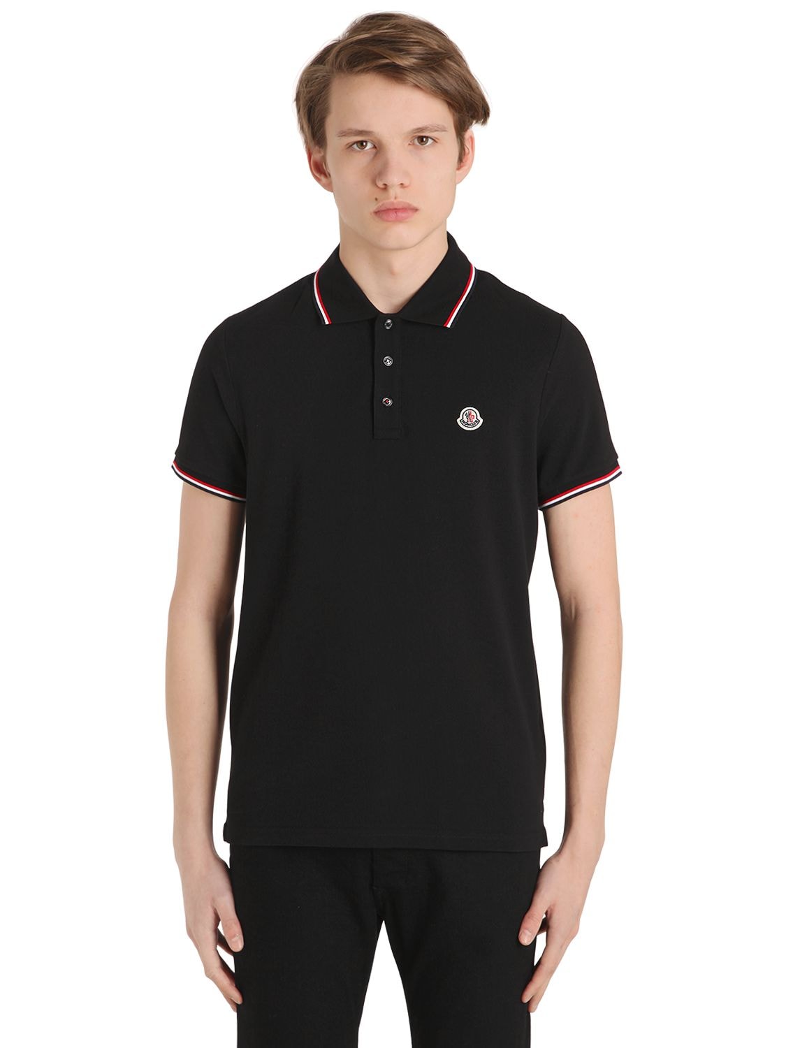 Moncler Logo Stripes Cotton Piqué Polo Shirt In Black