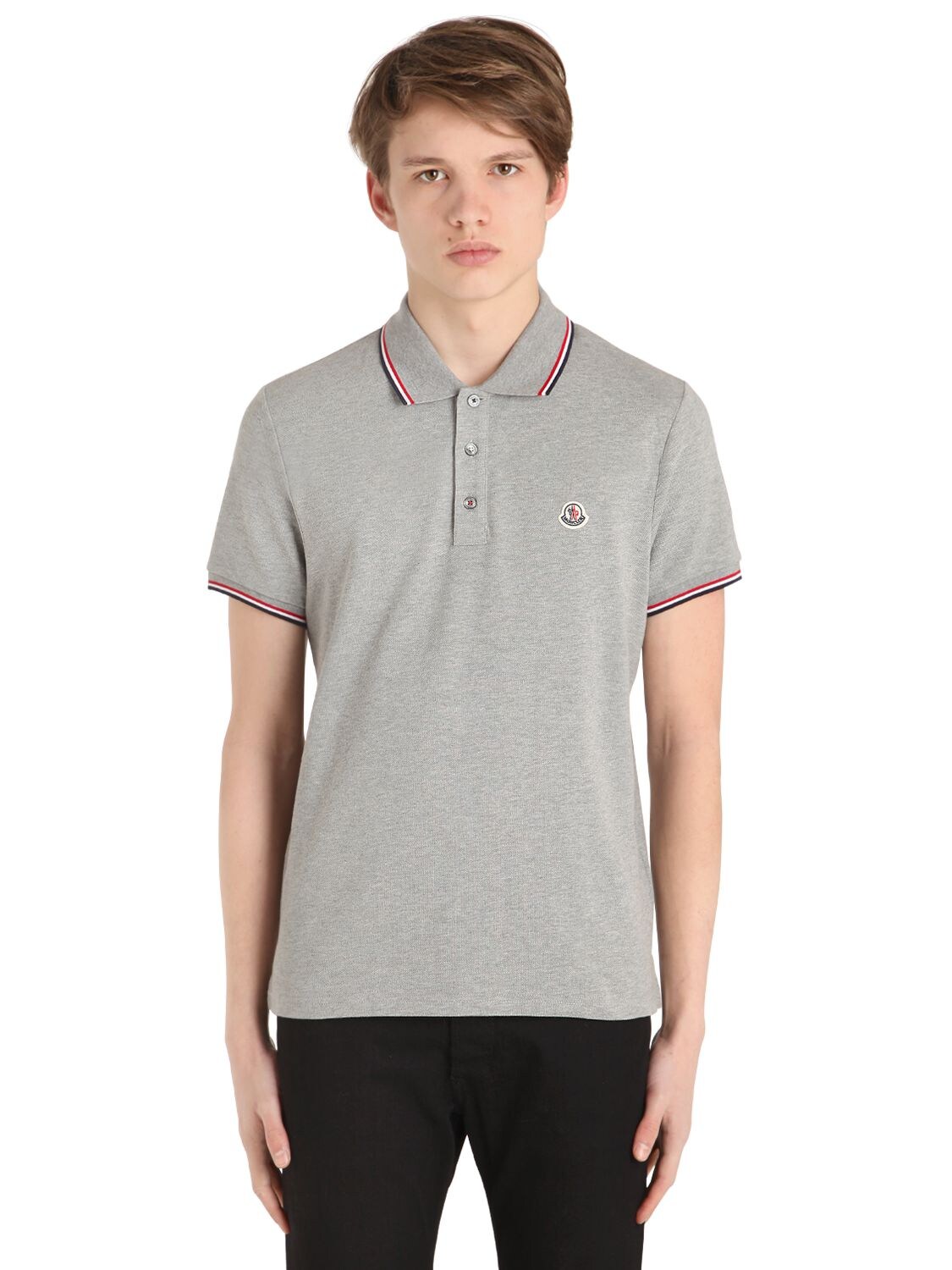 Moncler Logo Stripes Cotton Piqué Polo Shirt In Grey