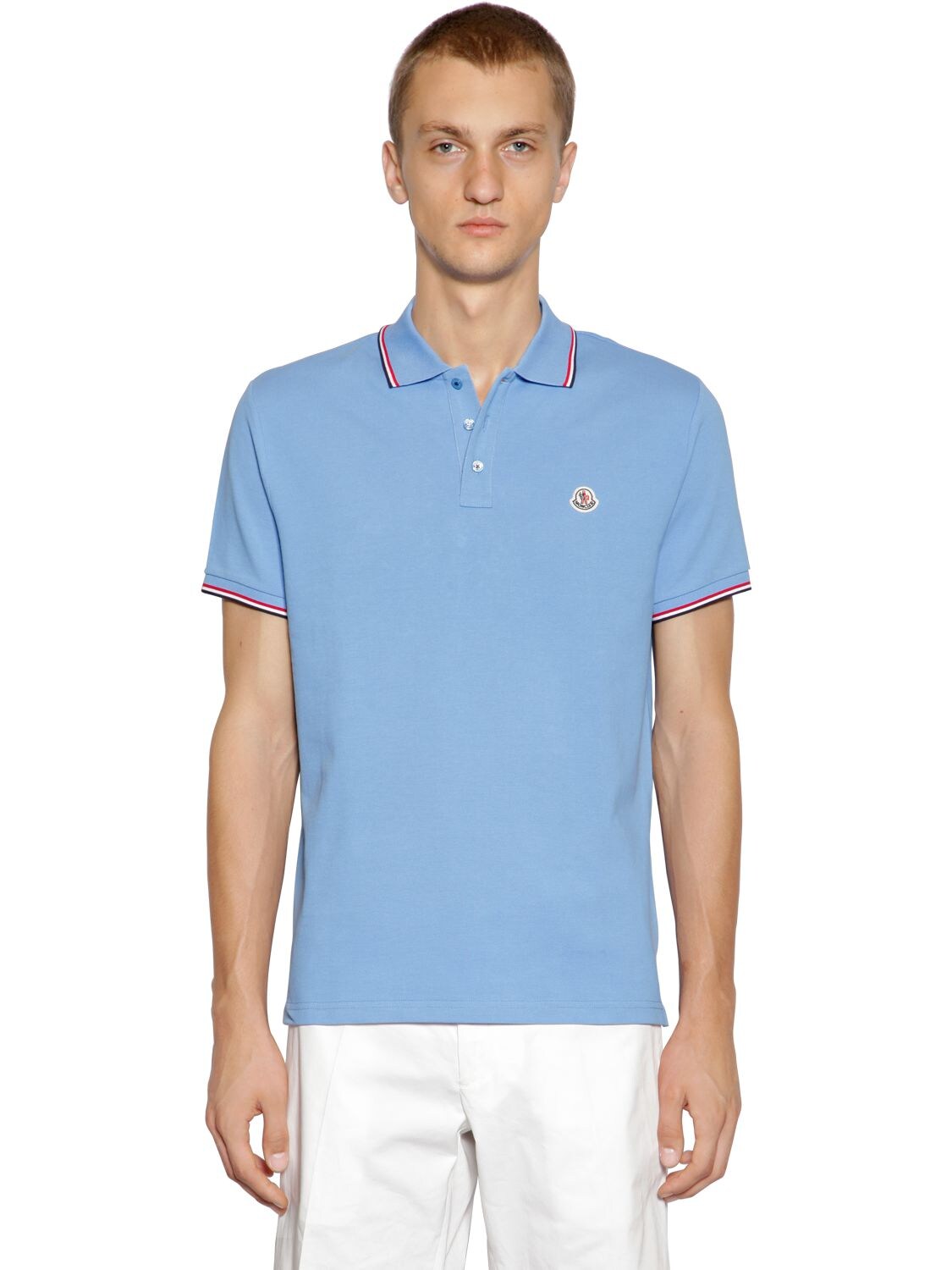 Moncler Logo Stripes Cotton Piqué Polo Shirt In Blue