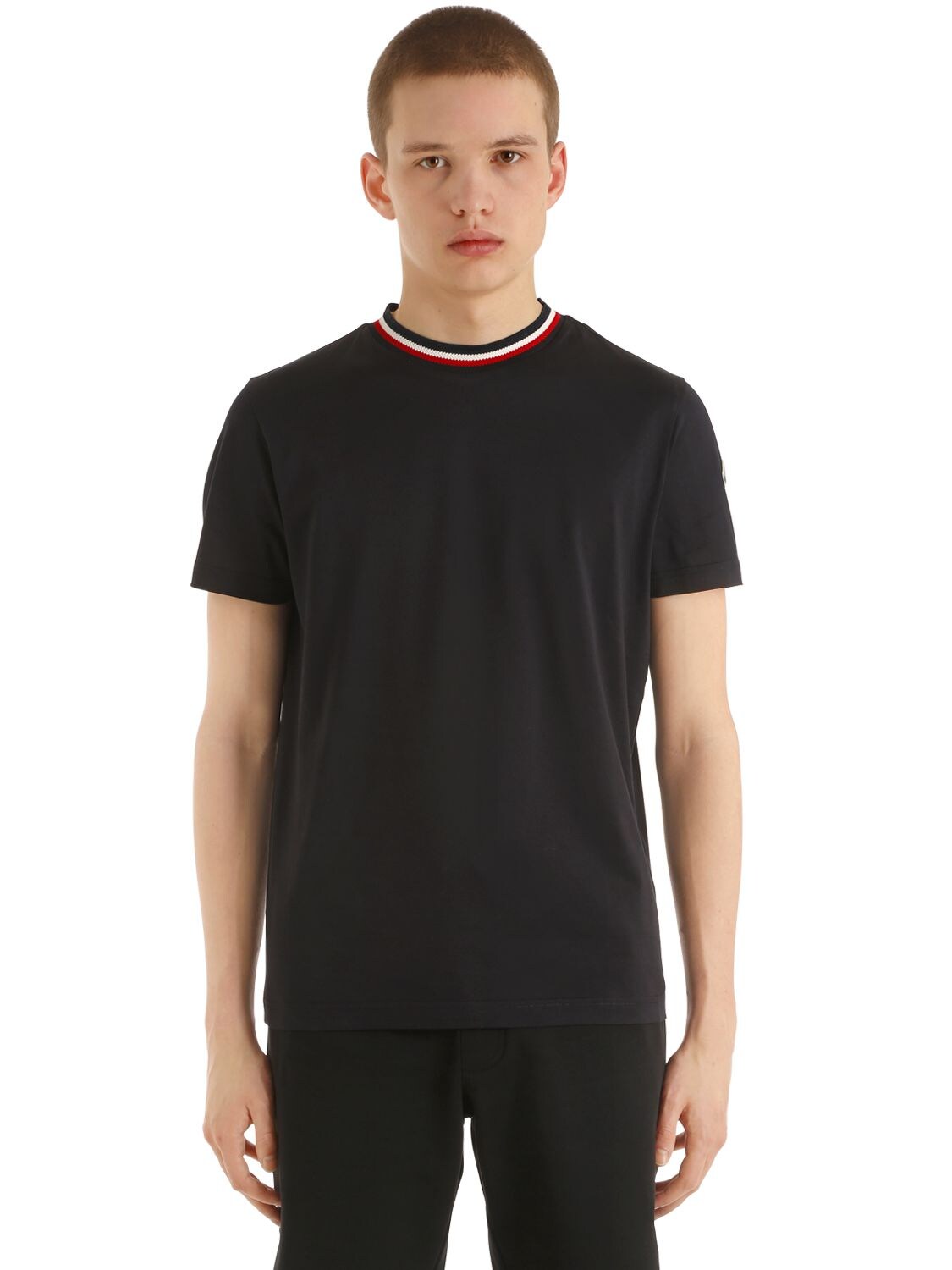 Moncler Logo Stripes Cotton T-shirt In Black