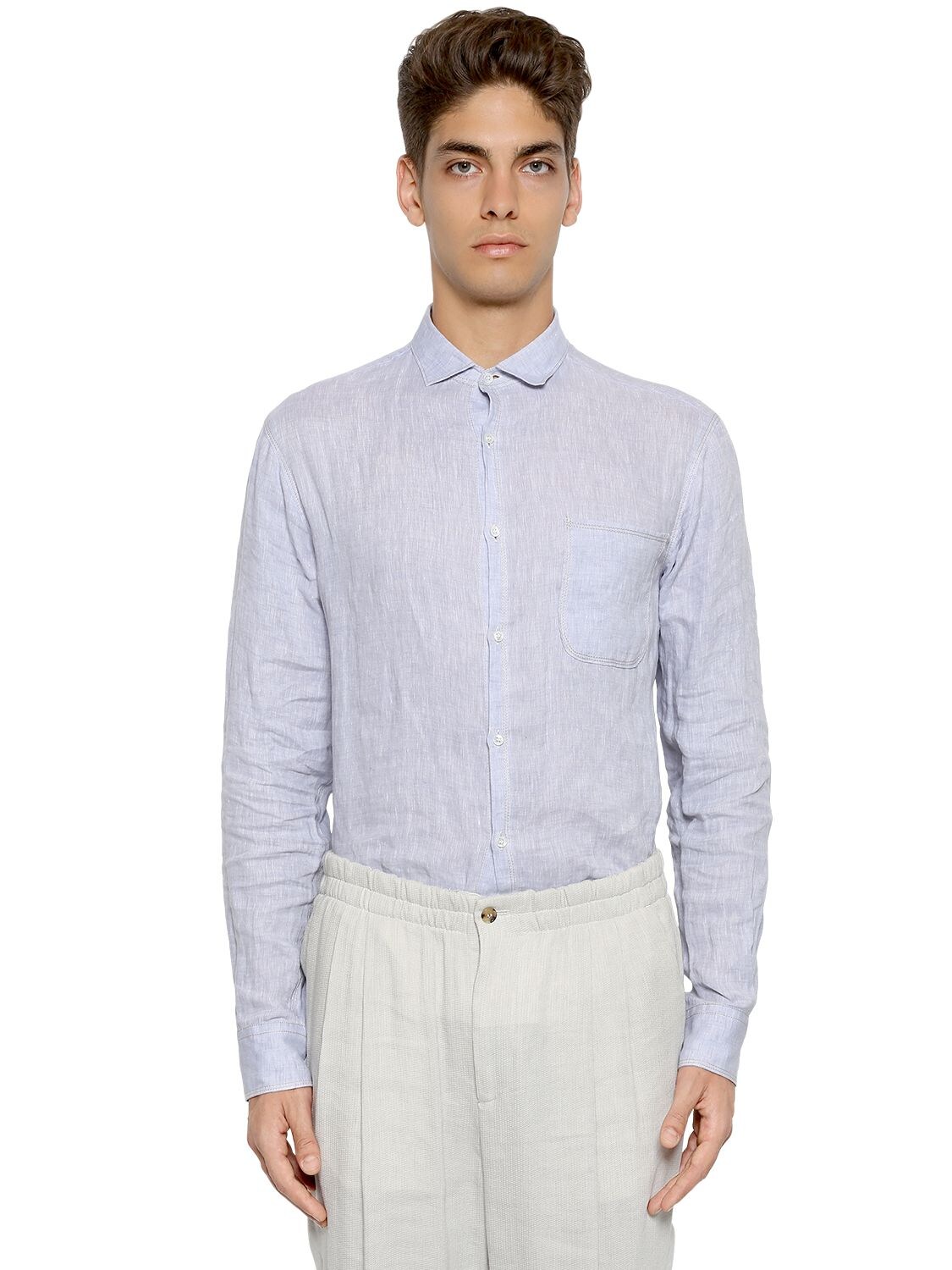 Giorgio Armani Linen Shirt With Pocket In Light Blue