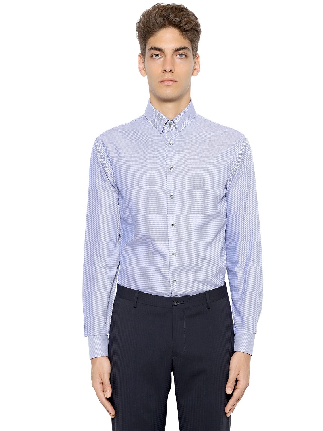 Giorgio Armani Micro Textured Cotton Shirt In Light Blue