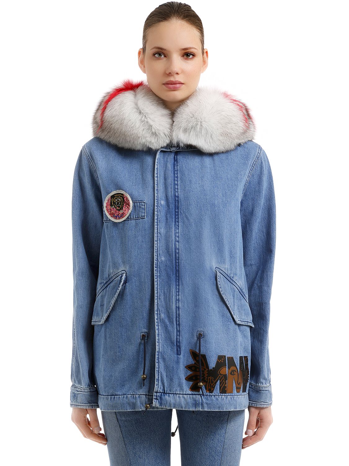 Mr & Mrs Italy Midi Canvas Parka W/ Fur & Patches In Blue