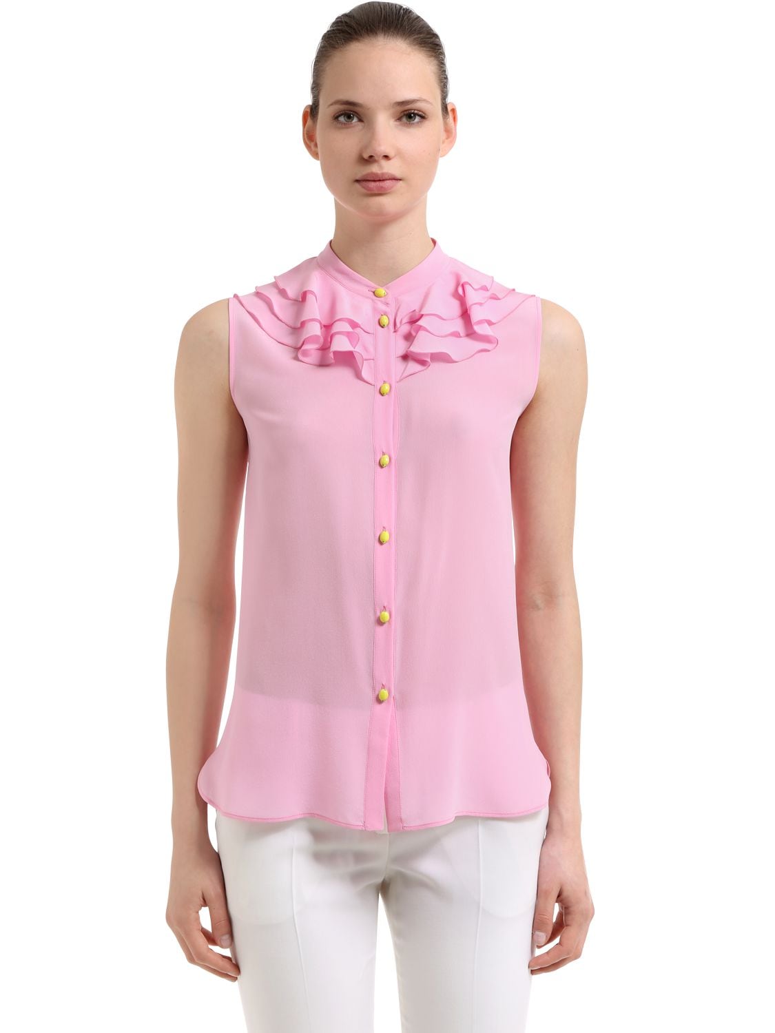 Boutique Moschino Ruffled Sleeveless Silk Blouse In Pink