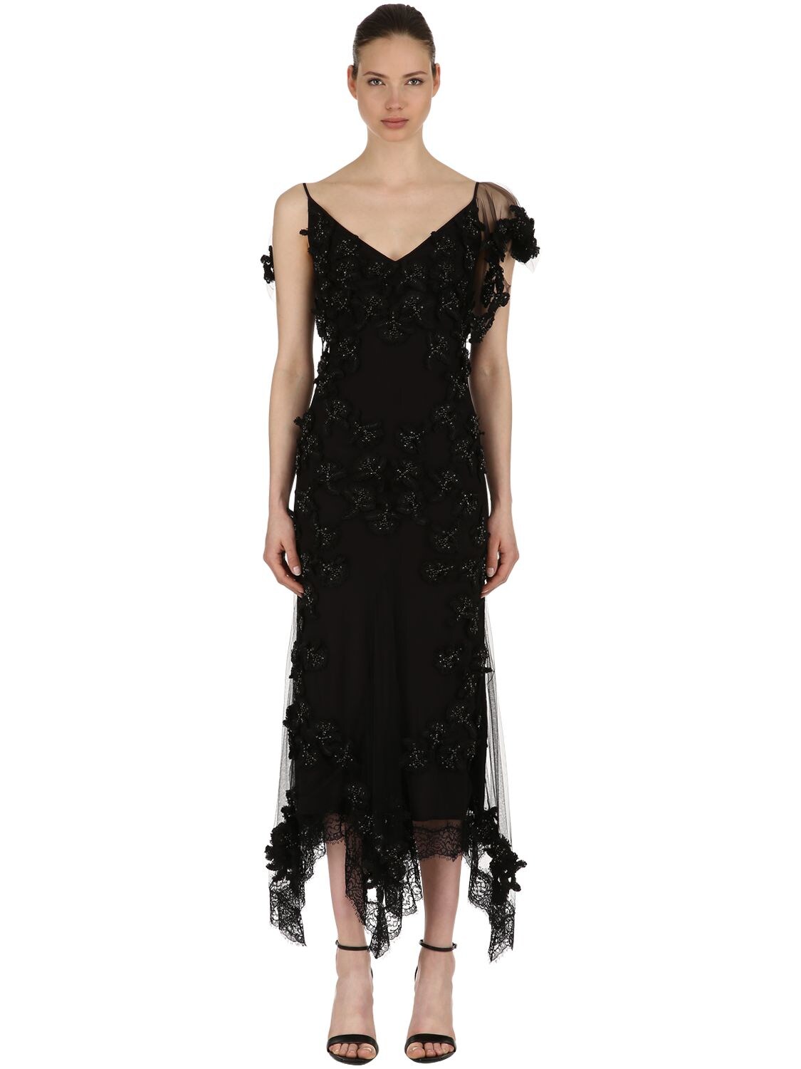 Amen Couture Embellished Flower Appliqués Tulle Gown In Black