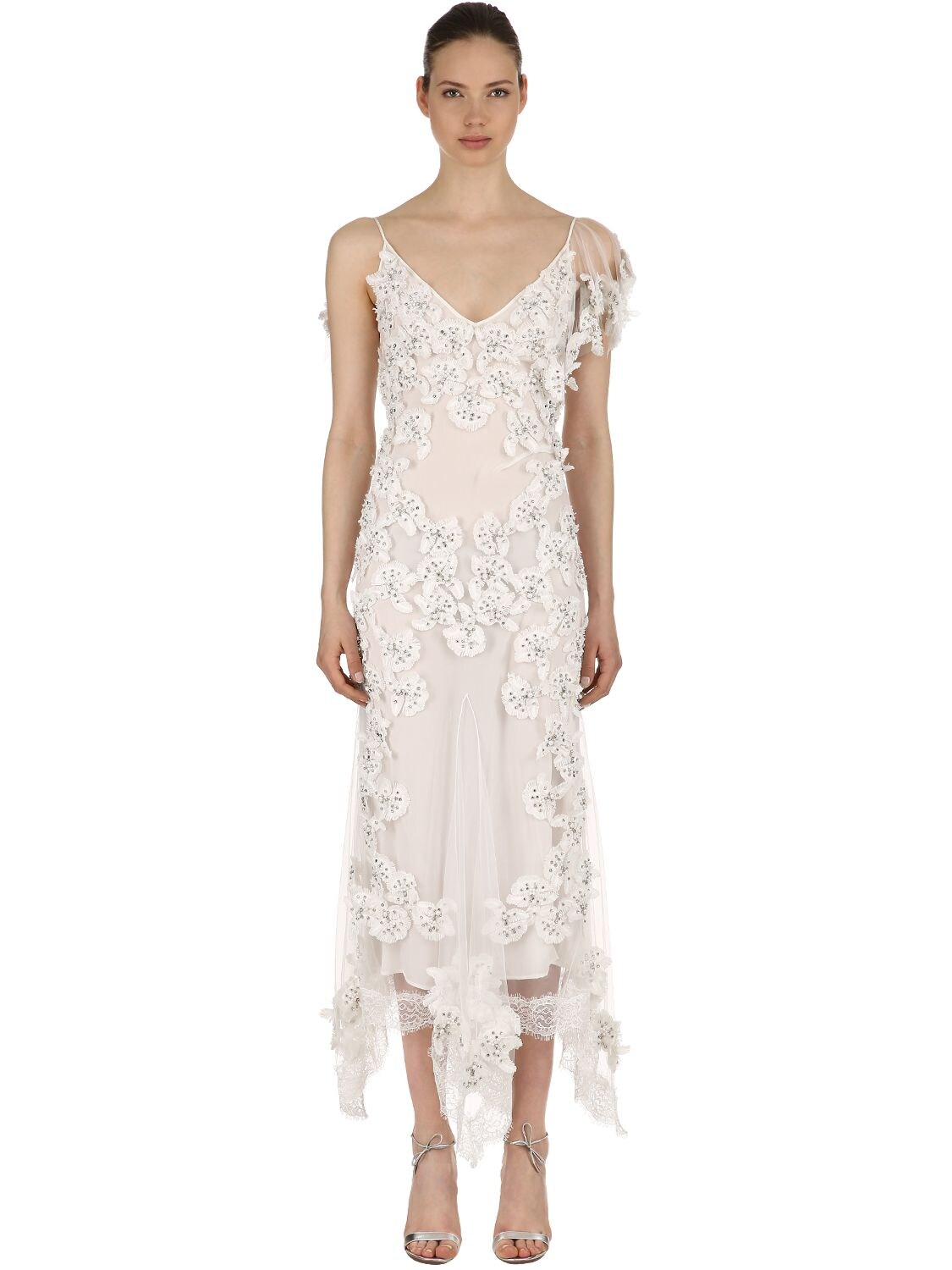 Amen Couture Embellished Flower Appliqués Tulle Gown In White