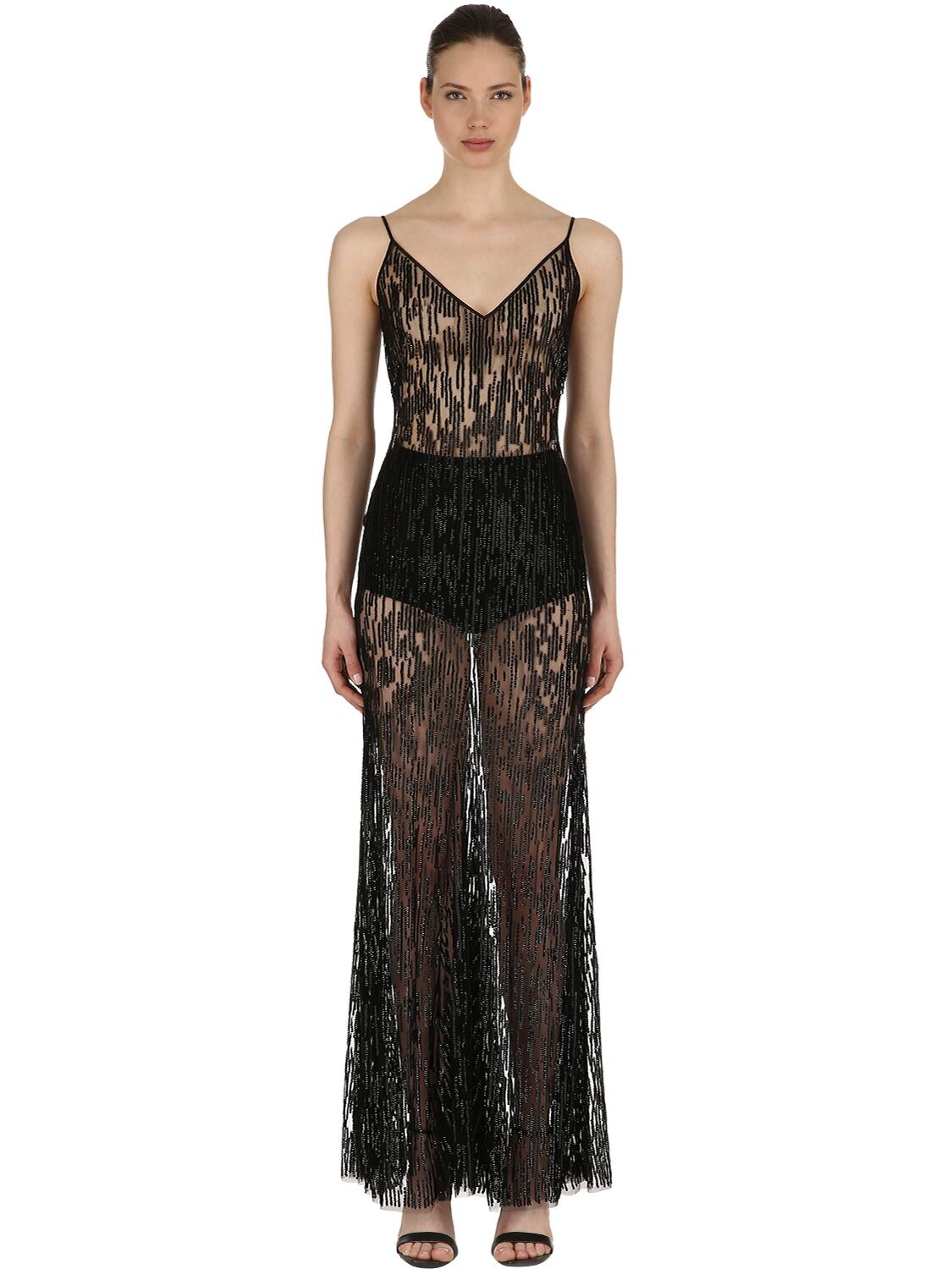 Amen Couture Sequined Stretch Tulle Gown In Black