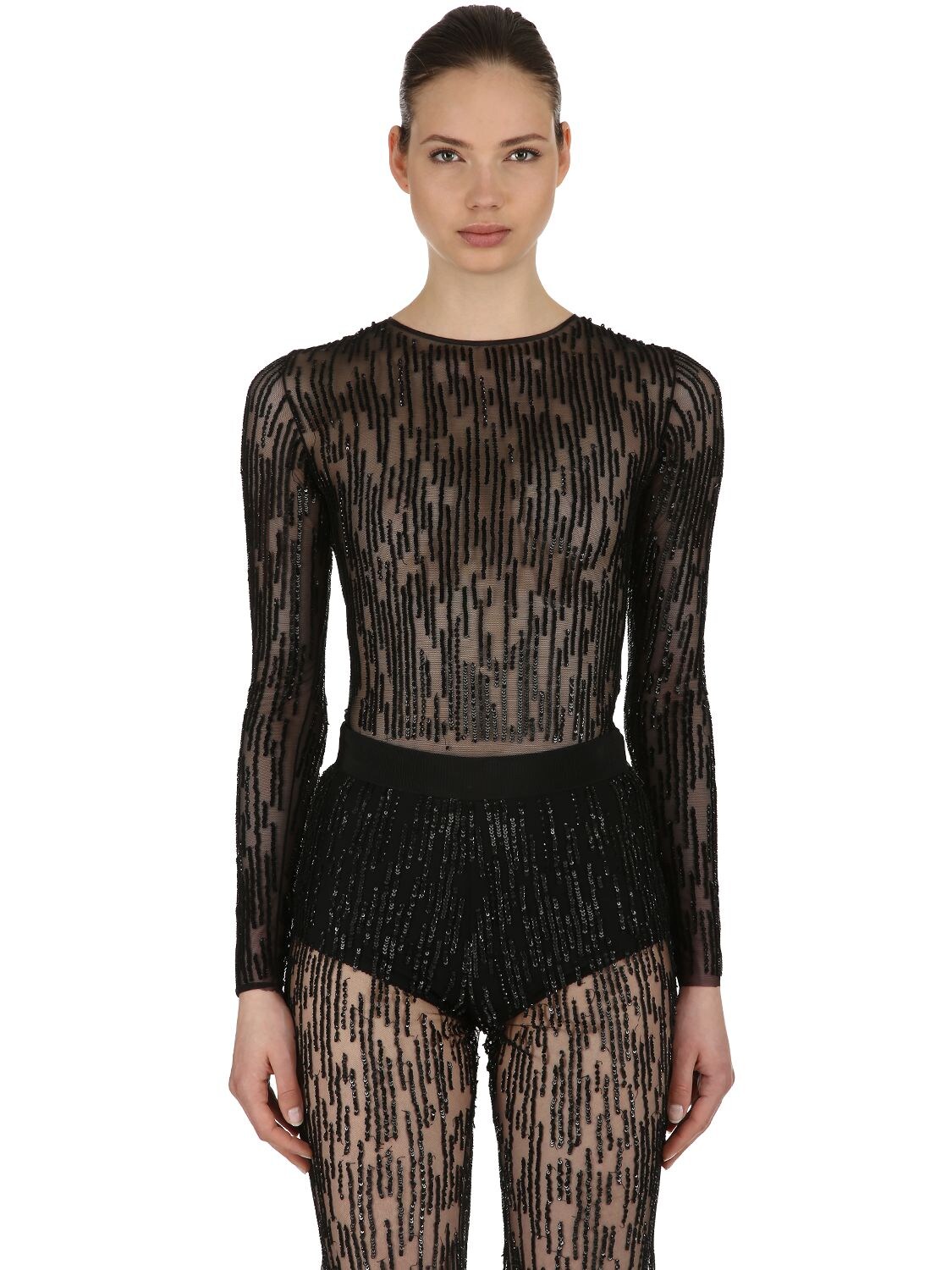 Amen Couture Sequined Stretch Tulle Bodysuit In Black