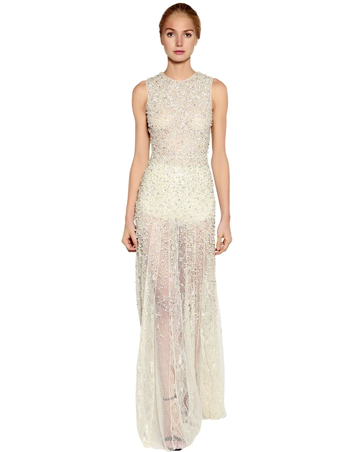 Amen Couture Embellished Stretch Lace Gown In Ivory