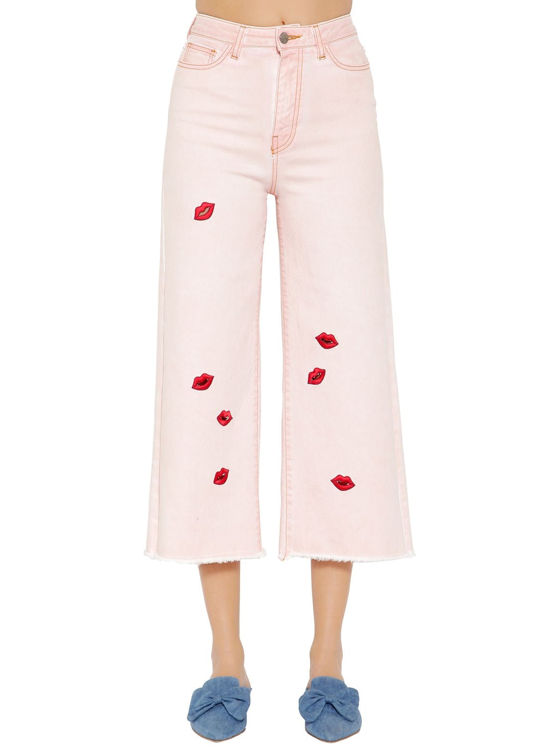 Vivetta Lips Cropped Wide Leg Denim Jeans In Pink