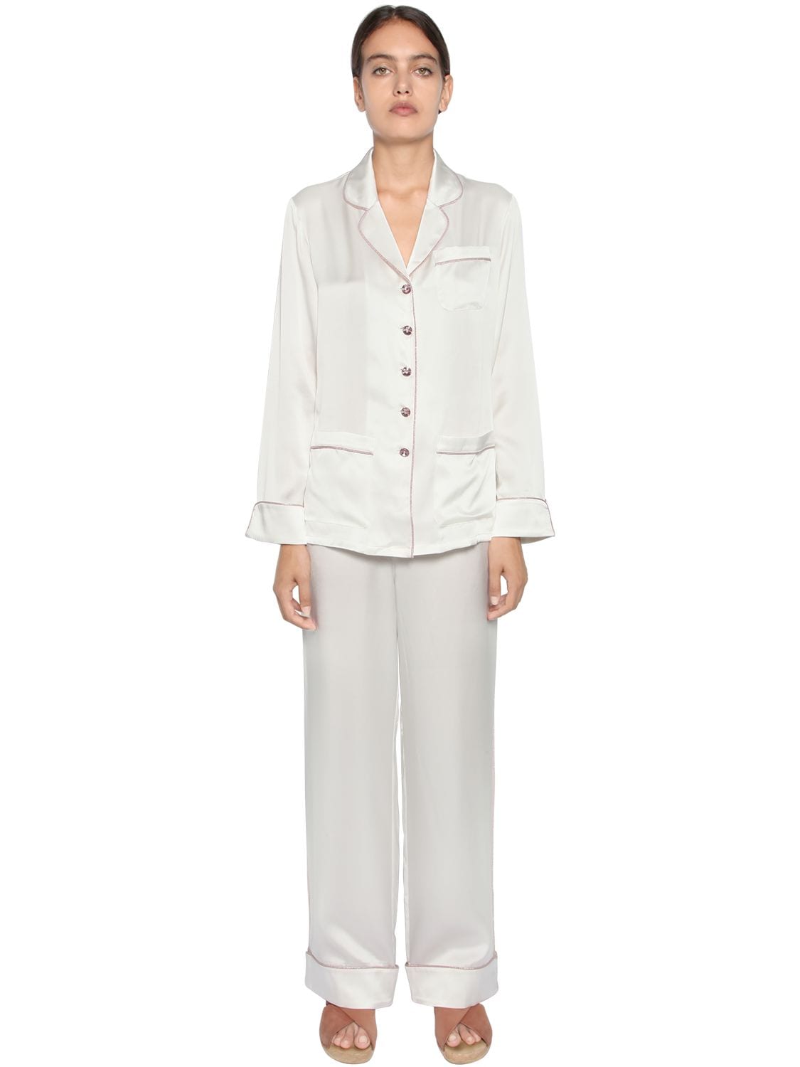 Olivia Von Halle Swarovski Button Silk Satin Pajama Set In Ivory