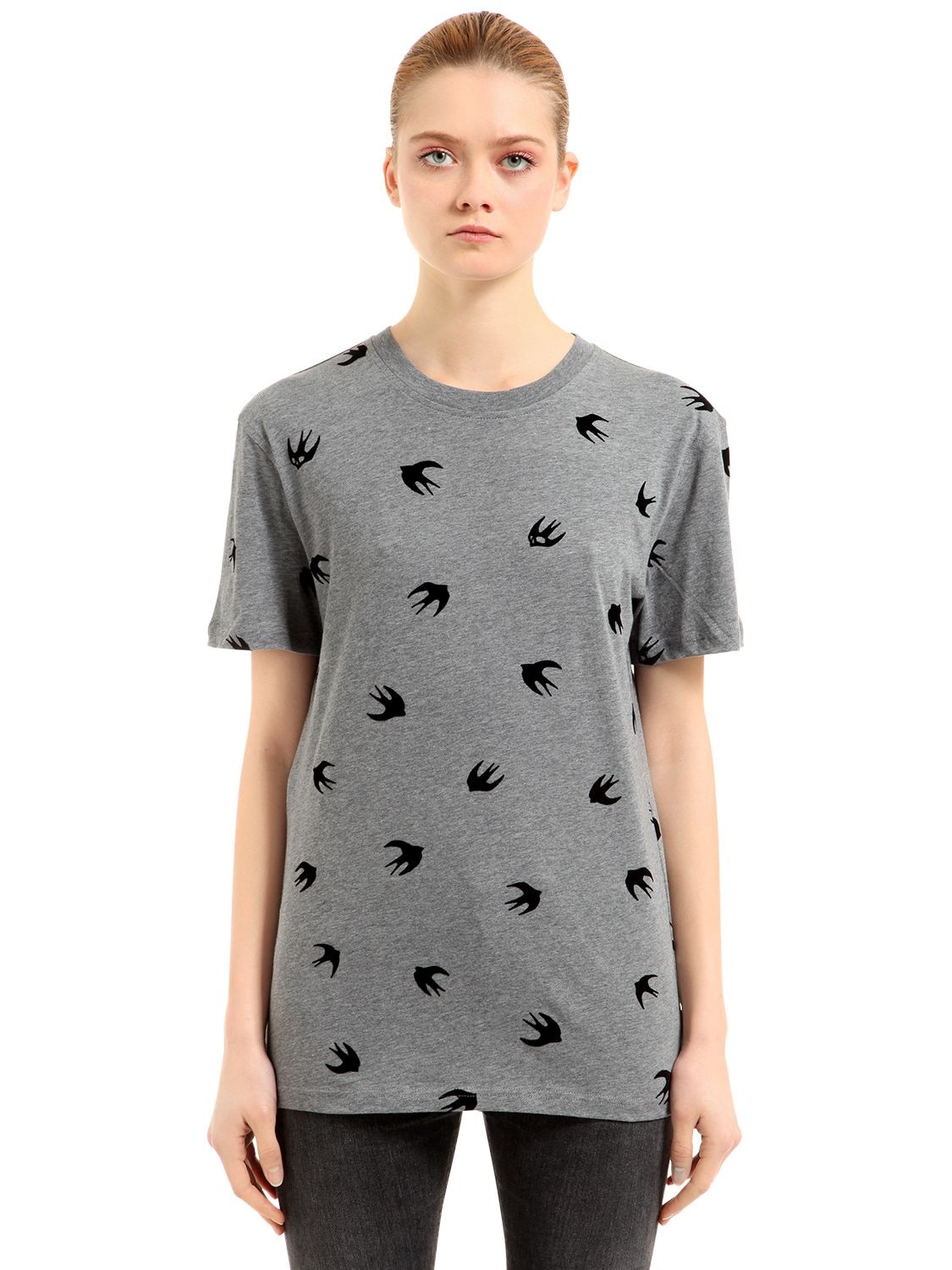 MCQ BY ALEXANDER MCQUEEN SWALLOW FLOCKED COTTON JERSEY T-SHIRT,67I4Z3018-MTI0NA2