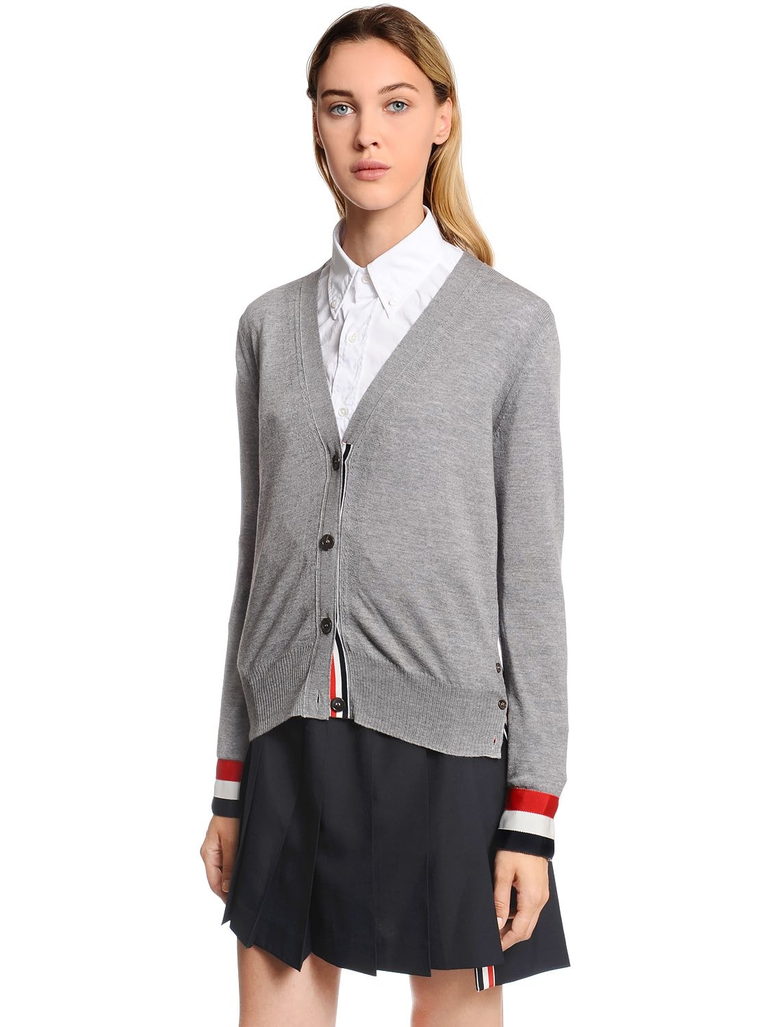 THOM BROWNE GROSGRAIN CUFF FINE MERINO WOOL CARDIGAN,67I515008-MDU10