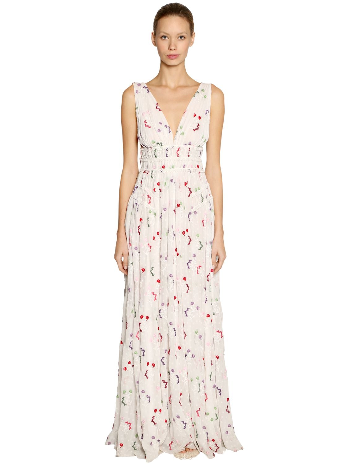 Giamba Floral Embroidered Georgette Long Dress In White